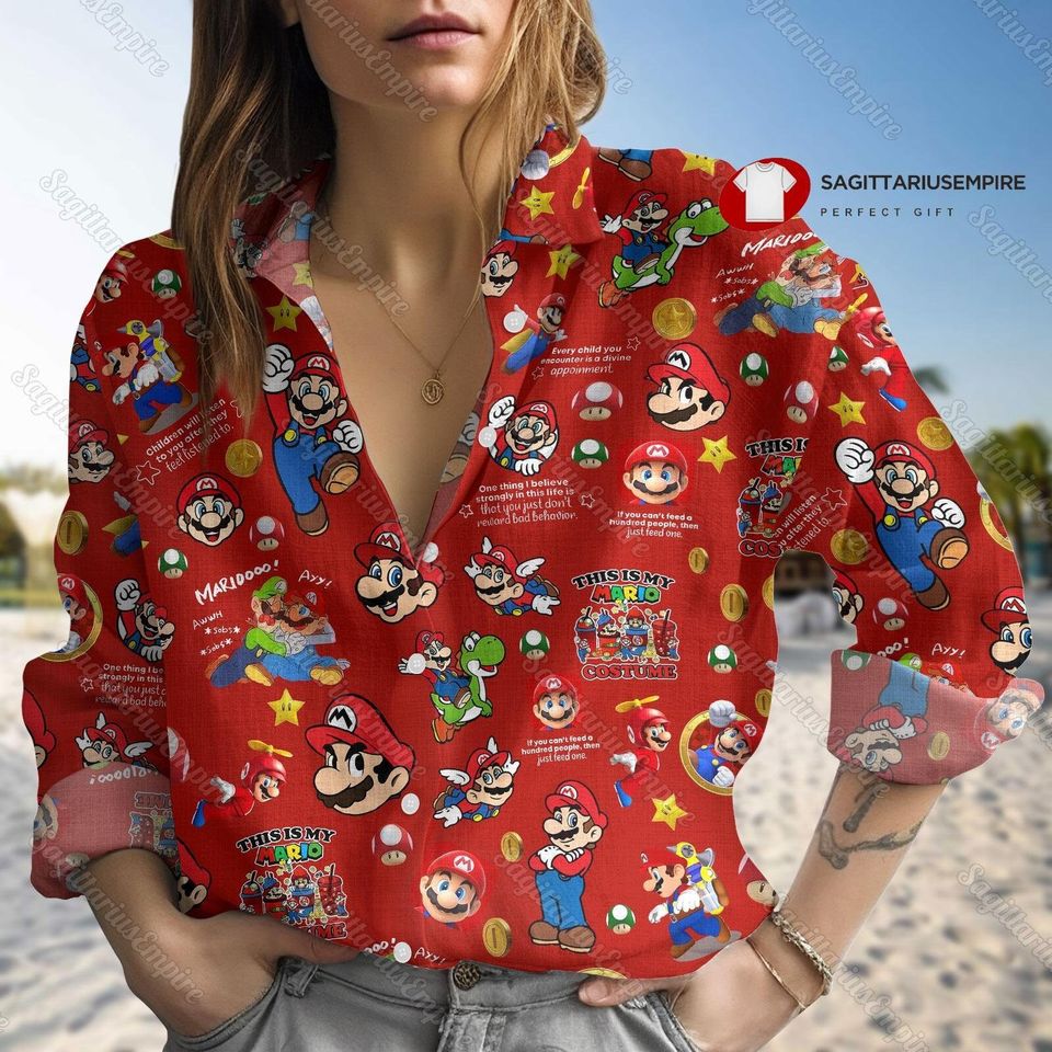Super Mario Linen Shirt, Super Mario Shirt, Super Mario Button Down Shirt