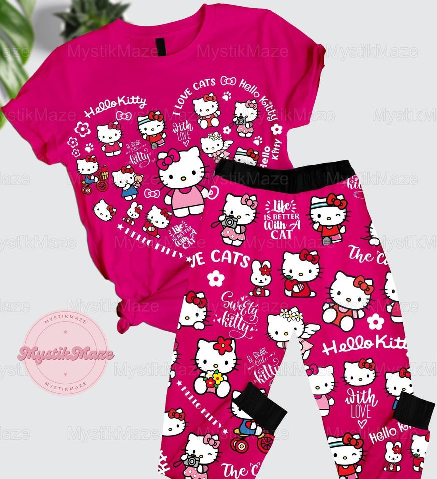 Hello Kitty T-shirt Pajamas Set, Kitty Cat Pajamas, Funny Gift