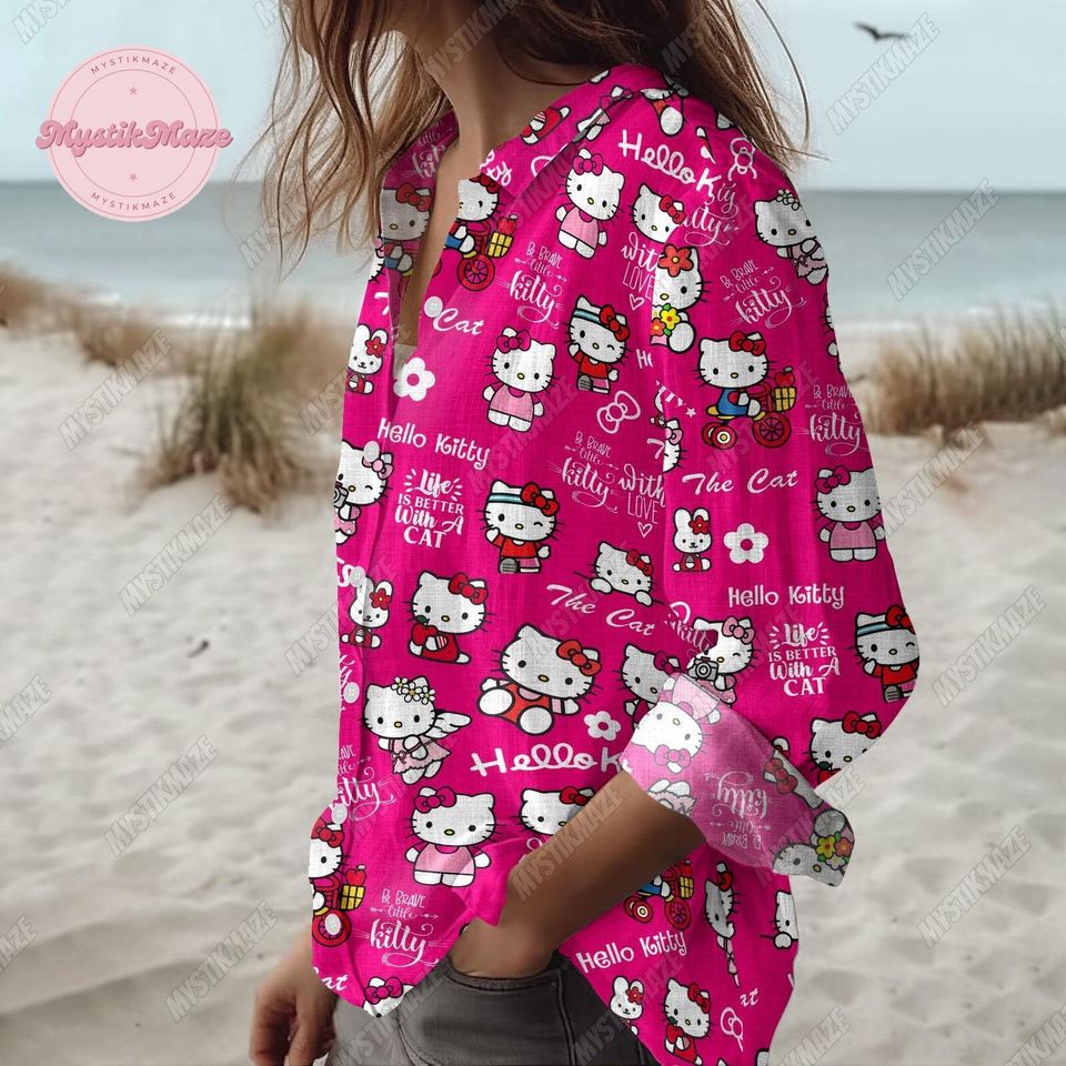 Hello Kitty Linen Shirt, Kitty Cat Linen Blouse, Hello Kitty Button Up Shirt