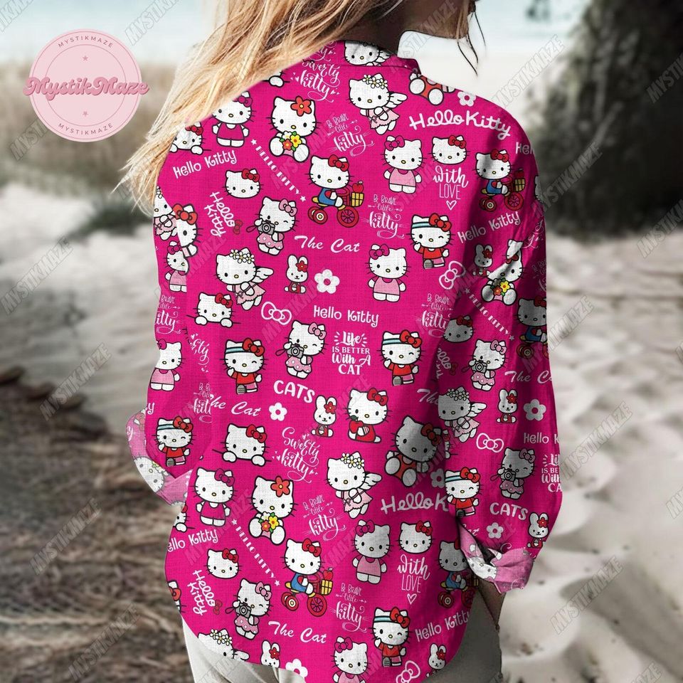 Hello Kitty Linen Shirt, Kitty Cat Linen Blouse, Hello Kitty Button Up Shirt