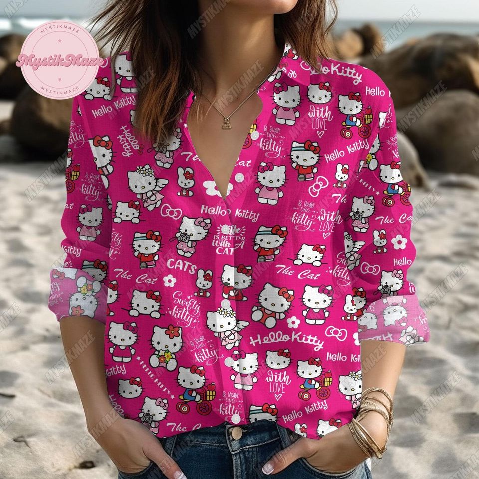 Hello Kitty Linen Shirt, Kitty Cat Linen Blouse, Hello Kitty Button Up Shirt