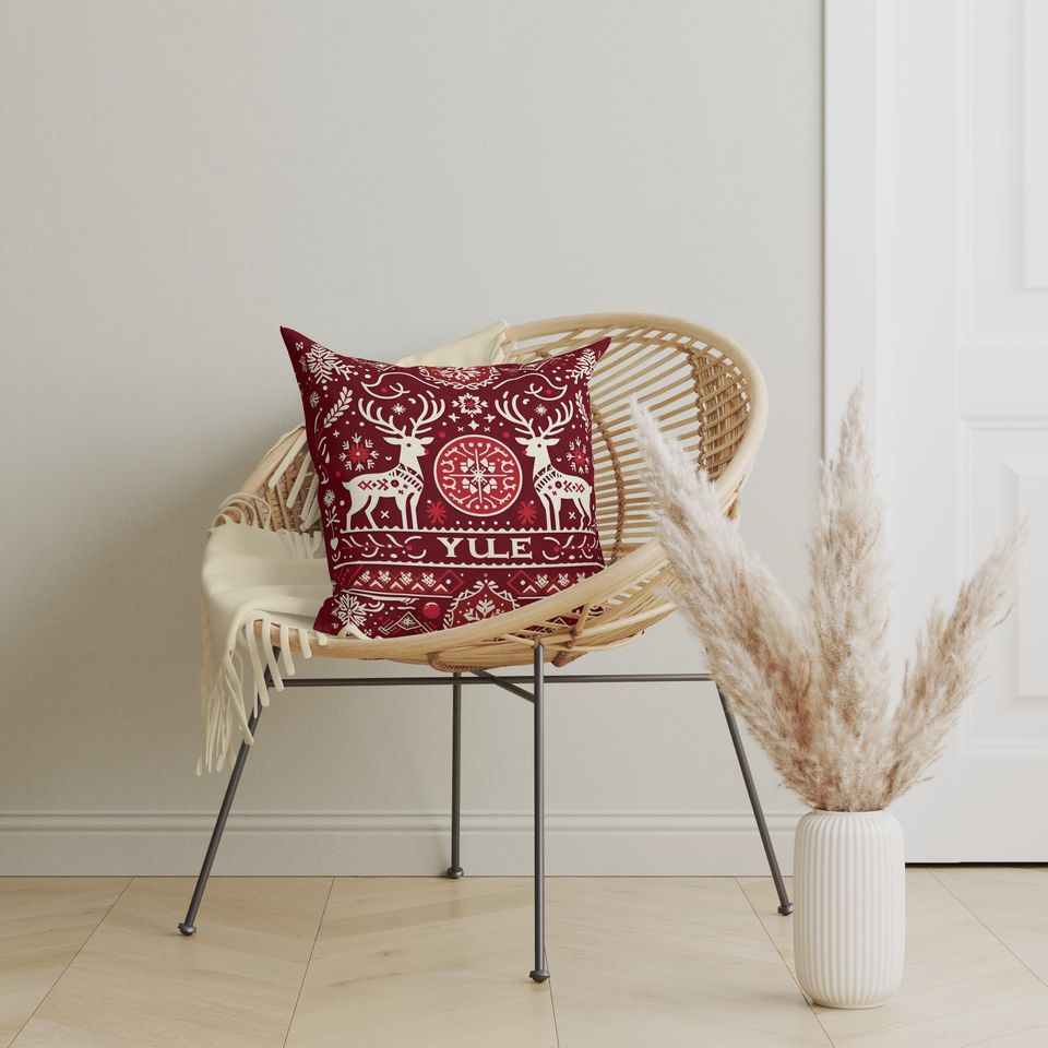 Traditional Scandinavian Yule Throw Pillow Cover with Reindeers, Geometric Yuletide Cushion, Swedish Decor, Danish Christmas, Yule Gift