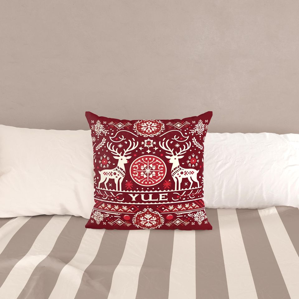 Traditional Scandinavian Yule Throw Pillow Cover with Reindeers, Geometric Yuletide Cushion, Swedish Decor, Danish Christmas, Yule Gift