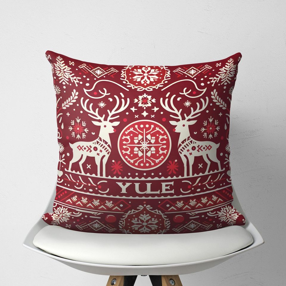 Traditional Scandinavian Yule Throw Pillow Cover with Reindeers, Geometric Yuletide Cushion, Swedish Decor, Danish Christmas, Yule Gift