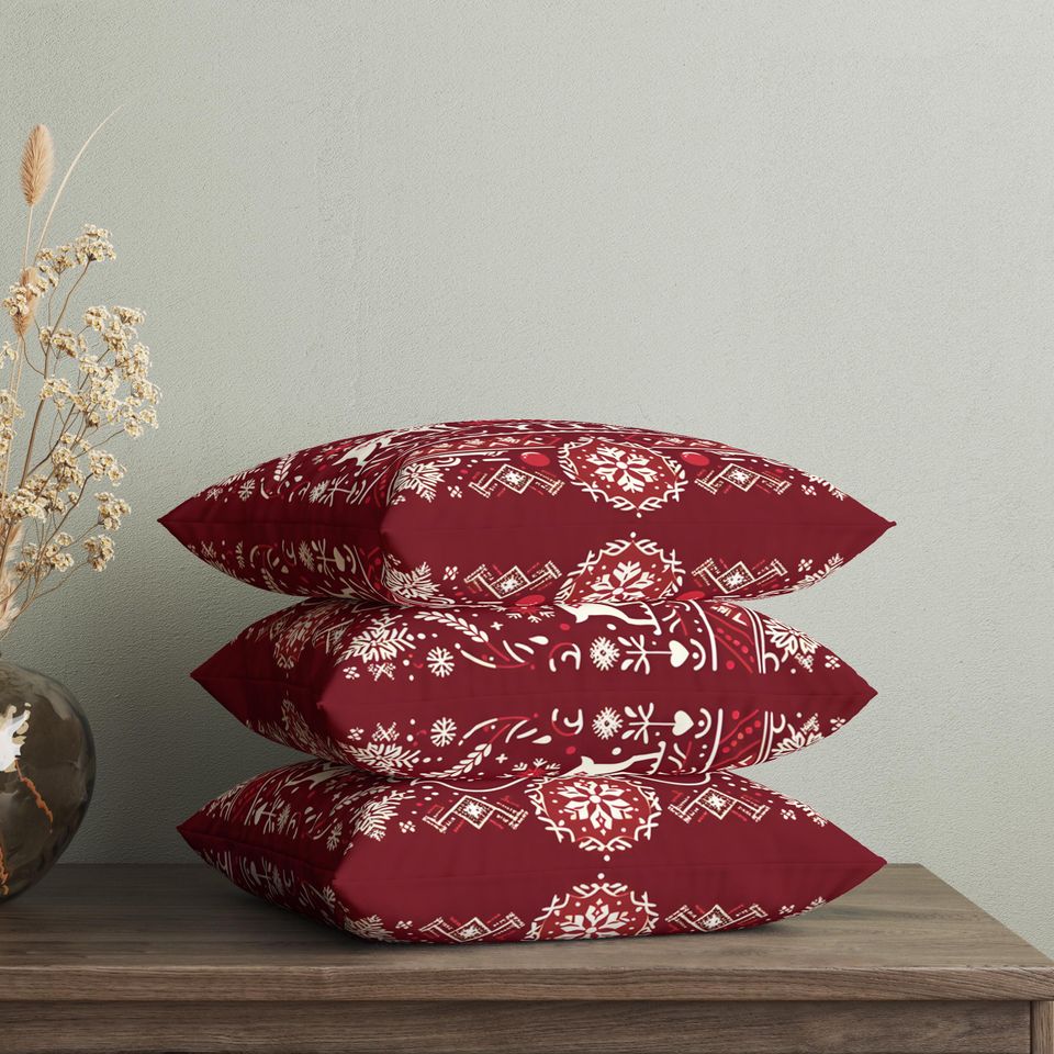 Traditional Scandinavian Yule Throw Pillow Cover with Reindeers, Geometric Yuletide Cushion, Swedish Decor, Danish Christmas, Yule Gift
