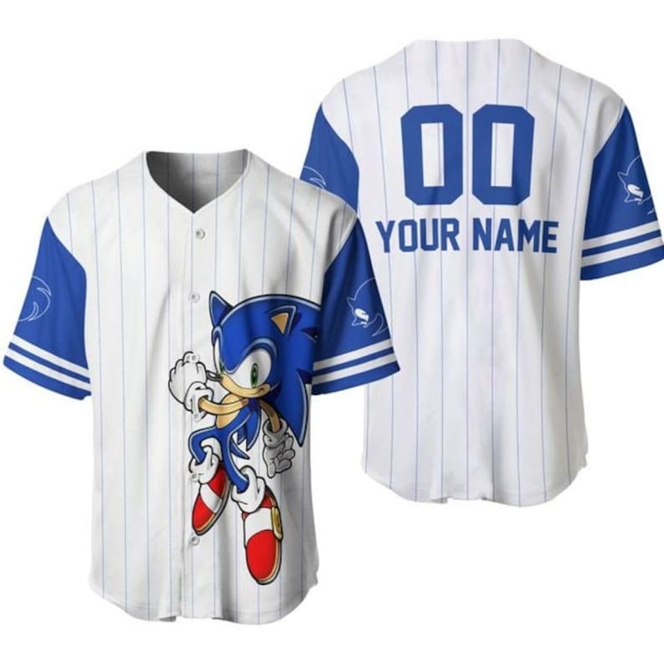 Giant Sonic Hedgehog White Blue Striped, Disney Baseball Jersey