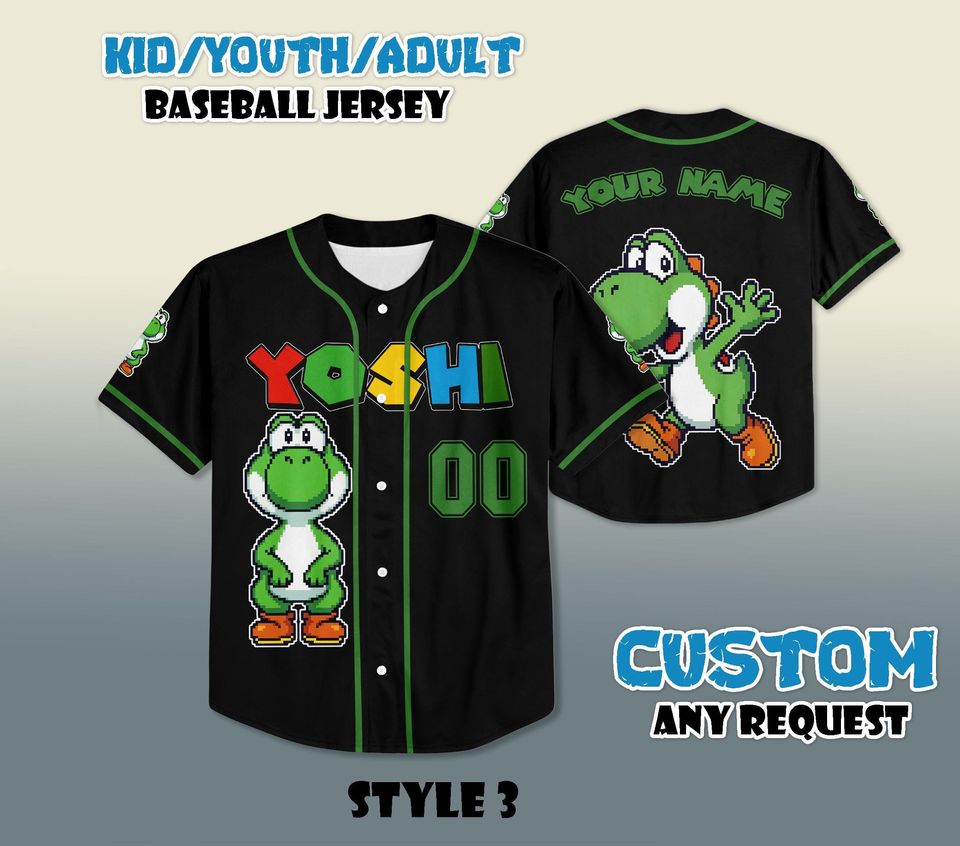 Custom Yoshi Baseball Jersey, Personalized Super Mario Family Shirt