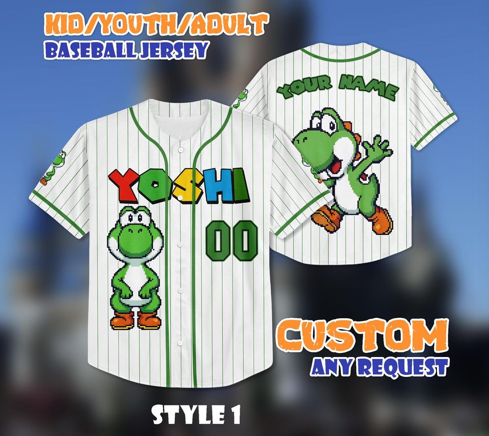 Custom Yoshi Baseball Jersey, Personalized Super Mario Family Shirt