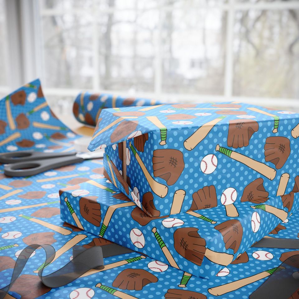 Blue Baseball Wrapping Paper: Bats, Gloves, Baseballs