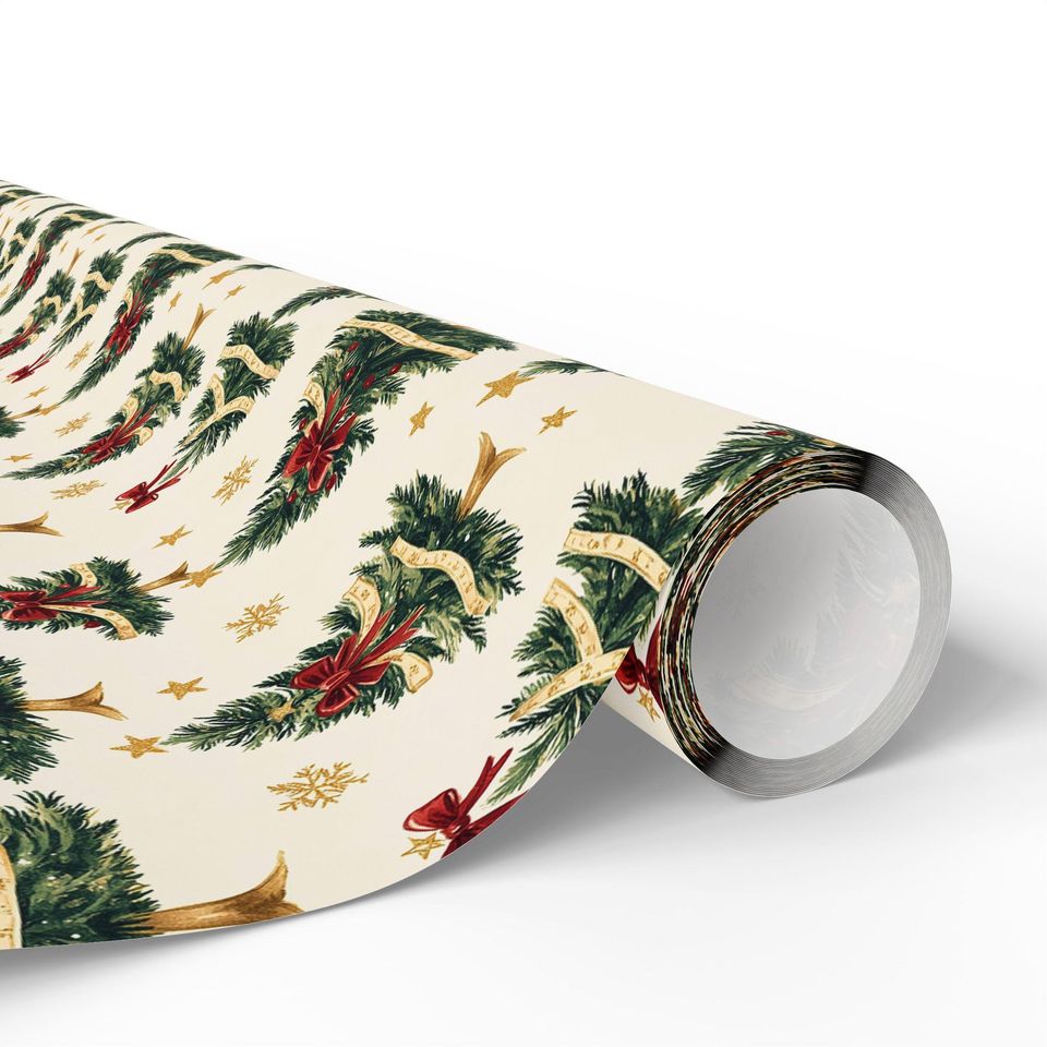Vintage Christmas Tree Wrapping Paper Cream with Red Bow and Gold Ribbon