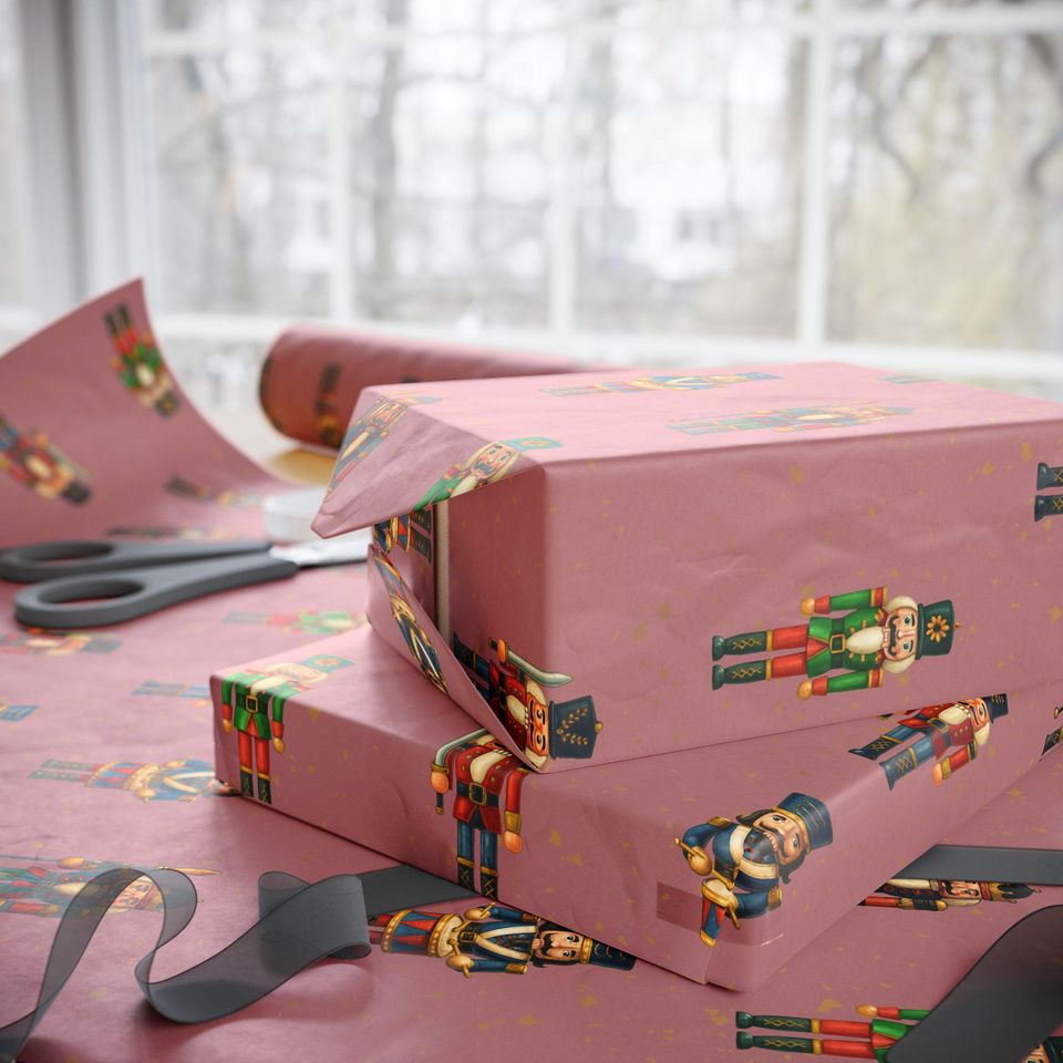 Nutcracker Christmas Wrapping Paper on Dusty Pink Elegant Toy Soldier Gift Wrap for Holiday Presents