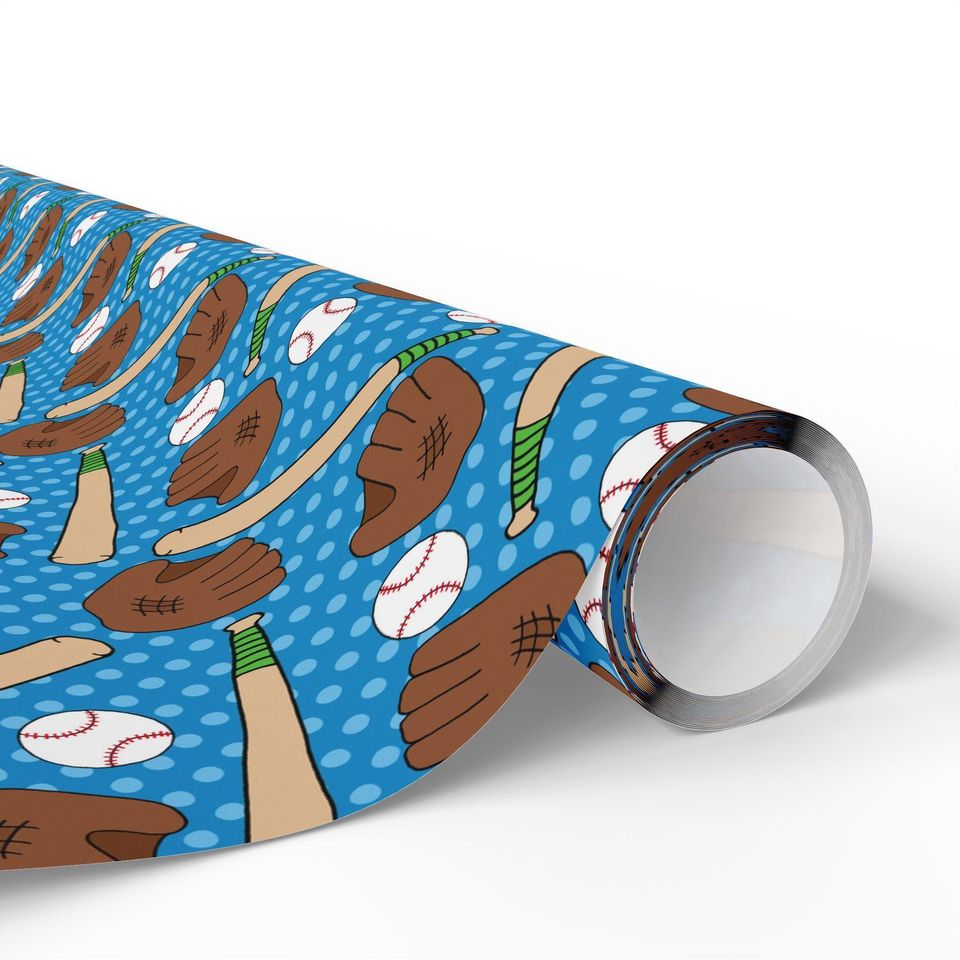 Blue Baseball Wrapping Paper: Bats, Gloves, Baseballs