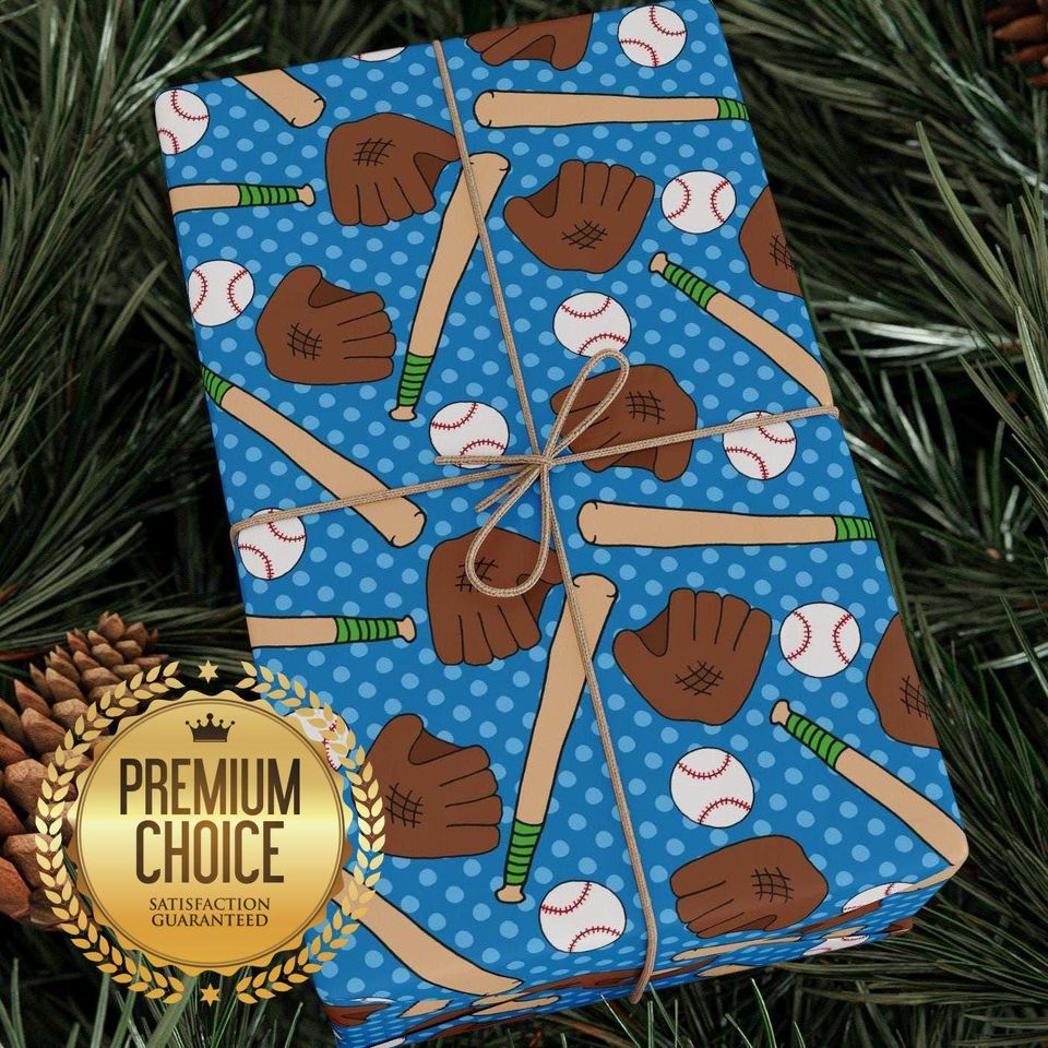 Blue Baseball Wrapping Paper: Bats, Gloves, Baseballs