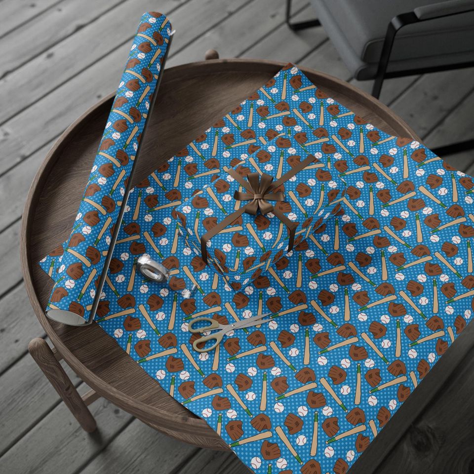 Blue Baseball Wrapping Paper: Bats, Gloves, Baseballs