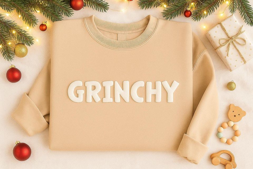Embossed Grin Sweatshirt, Puff Print Christmas Crewneck