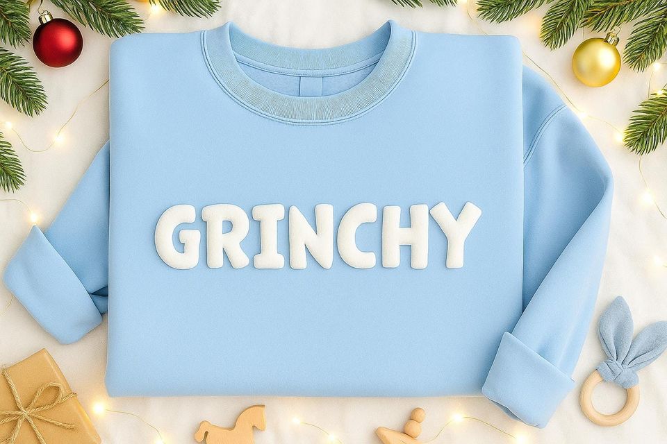 Embossed Grin Sweatshirt, Puff Print Christmas Crewneck