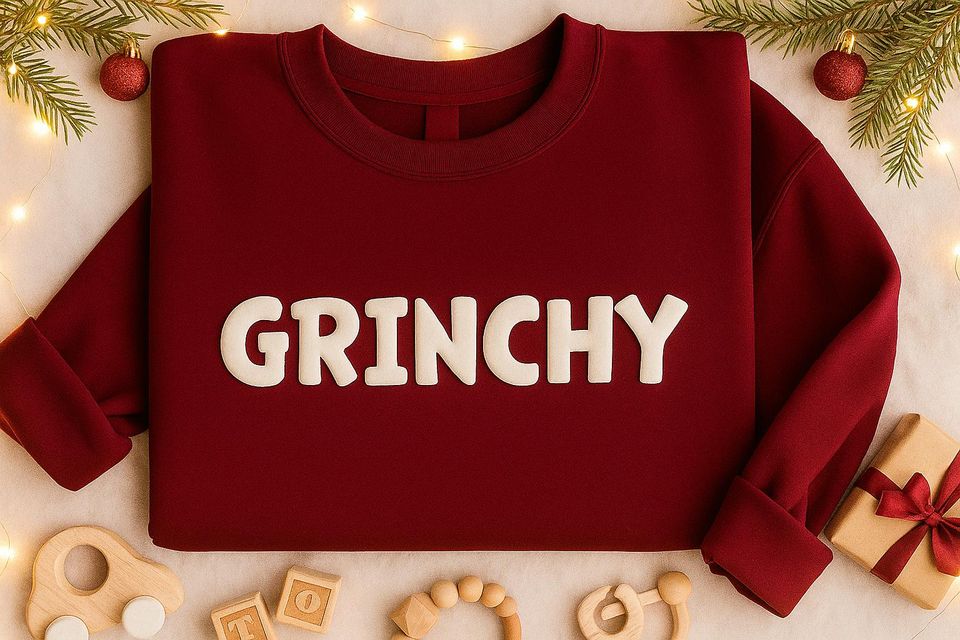 Embossed Grin Sweatshirt, Puff Print Christmas Crewneck