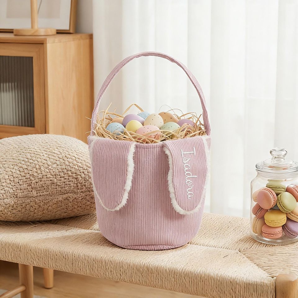 Personalized Easter Bunny Basket, Embroidered Corduroy Easter Basket, Custom Easter Egg Hunt Basket, Easter Gift