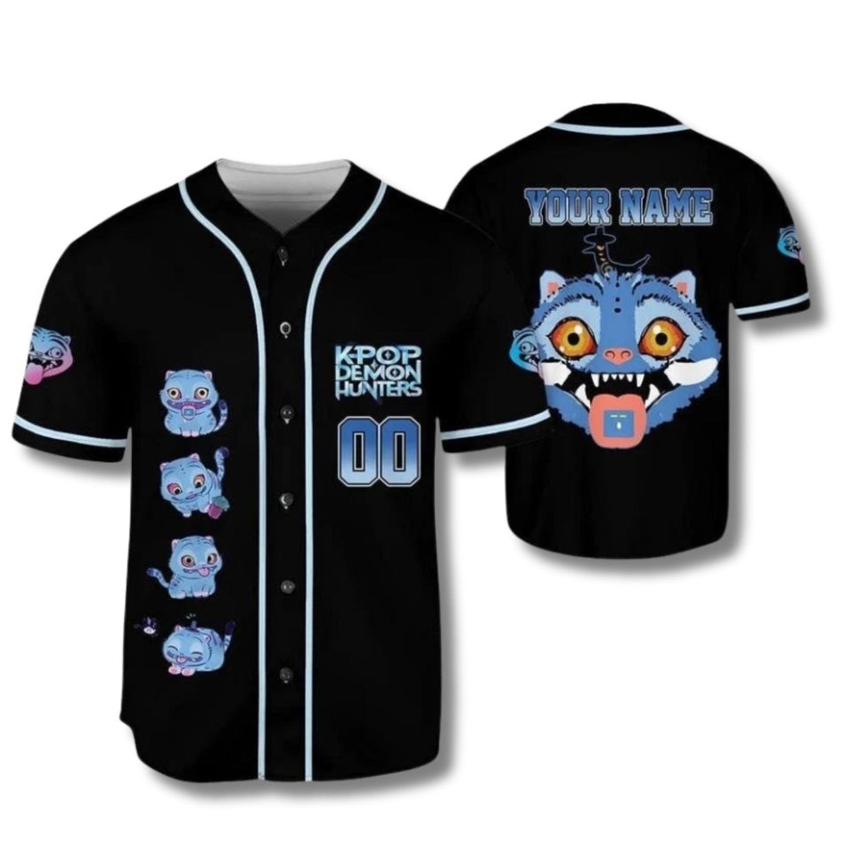 Custom Black Baseball Jersey with Blue Cartoon Tiger  Kpop-Inspired