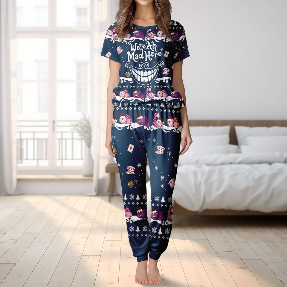 Cheshire Cat Christmas Pajamas Set, Alice in Wonderland Holiday Sleepwear, Santa Funny PJs