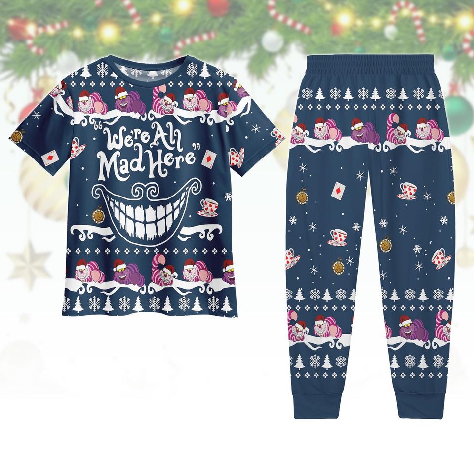 Cheshire Cat Christmas Pajamas Set, Alice in Wonderland Holiday Sleepwear, Santa Funny PJs