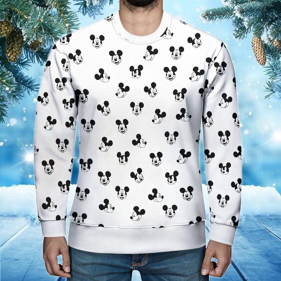 Disney Mickey Mouse Christmas Sweater, Ugly Holiday Sweatshirt, Mickey Head Xmas Jumper