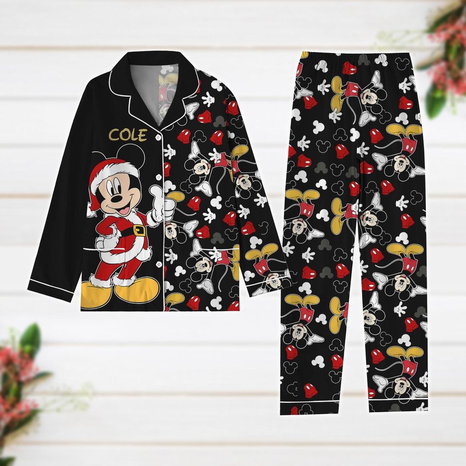 Custom Christmas Name Pajamas, Mickey Santa Pajamas Set, Disney