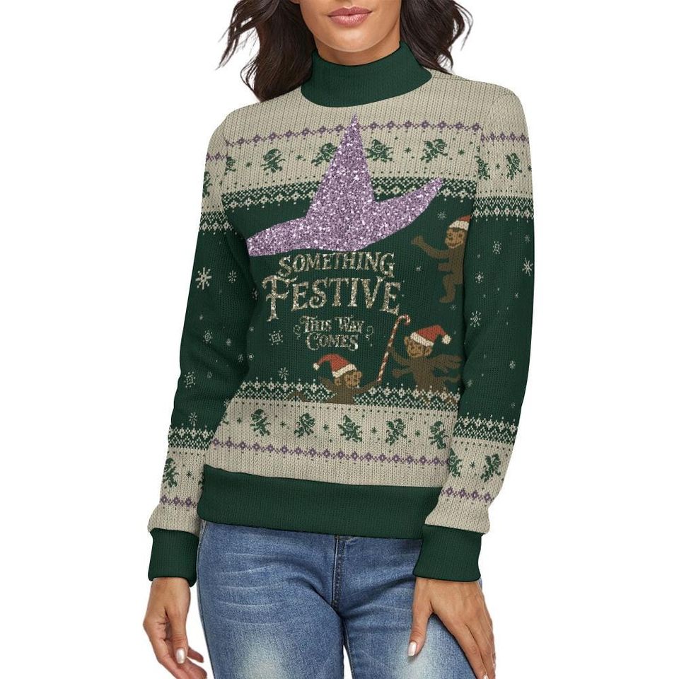 Wicked Inspired Christmas Turtleneck Sweater: Festive Flying Monkeys, Glitter-Effect Witch Hat