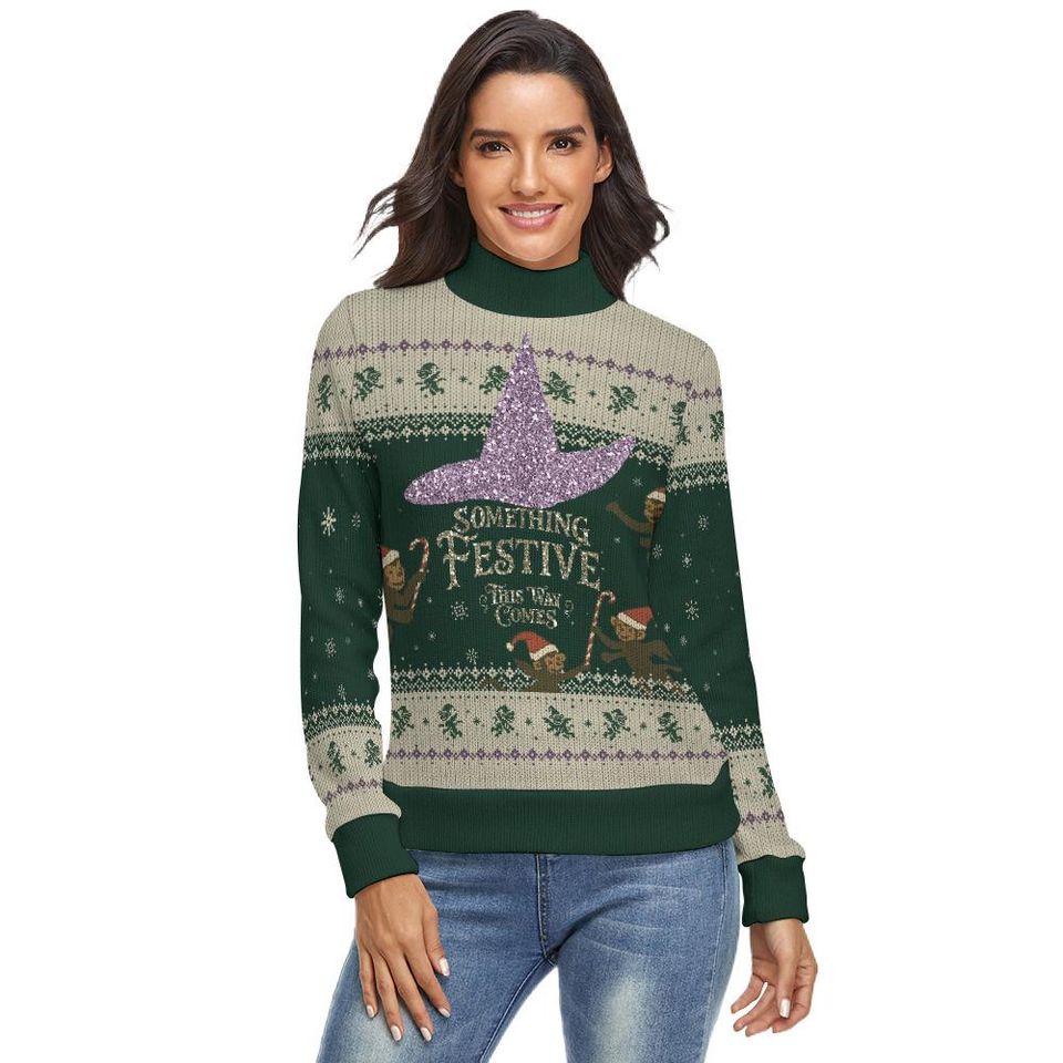 Wicked Inspired Christmas Turtleneck Sweater: Festive Flying Monkeys, Glitter-Effect Witch Hat