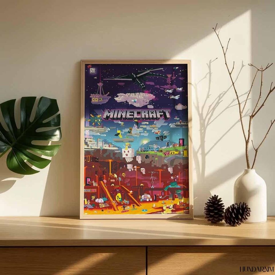 Minecraft Pixel World Vertical Poster, Gaming Wall Decor, Retro Art Print