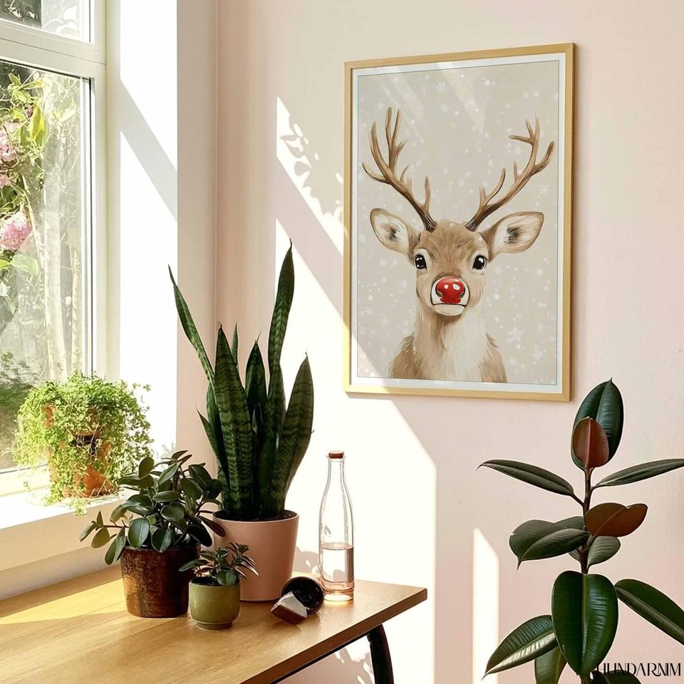 Cute Red-Nose Reindeer Vertical Poster - Minimal Christmas Wall Art
