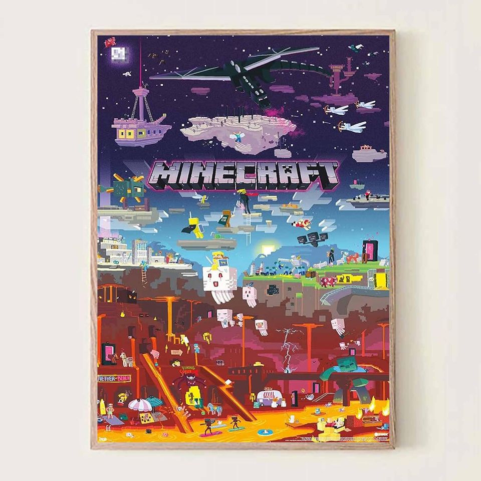Minecraft Pixel World Vertical Poster, Gaming Wall Decor, Retro Art Print
