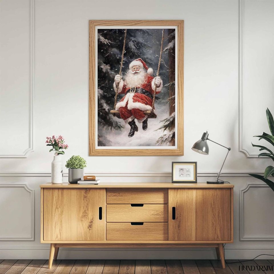 Santa on Swing Winter Forest Poster