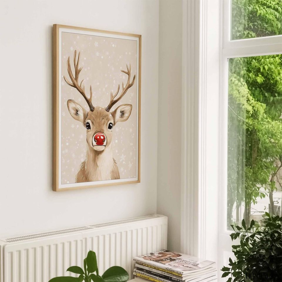 Cute Red-Nose Reindeer Vertical Poster - Minimal Christmas Wall Art