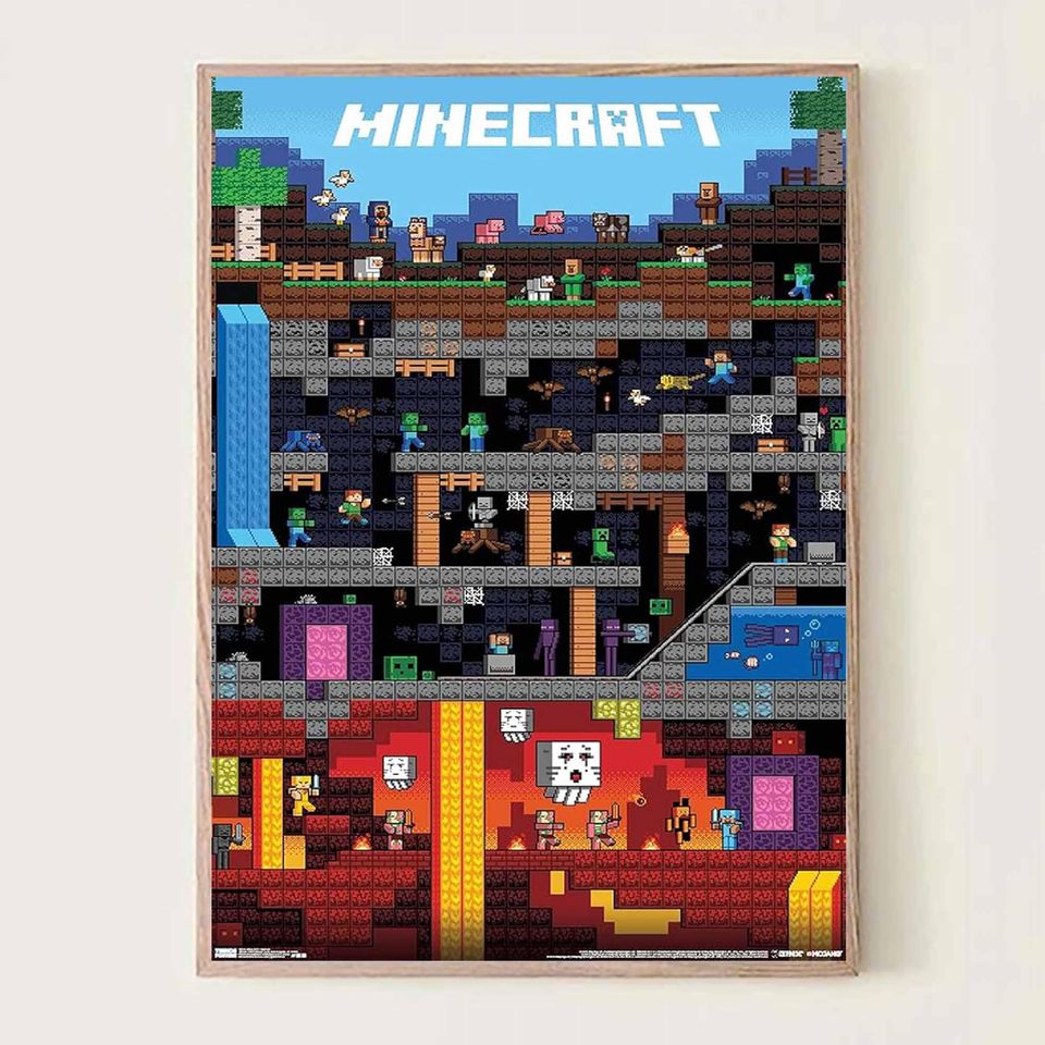 Minecraft World Pixel Art Poster for Gamer Room Wall Decor