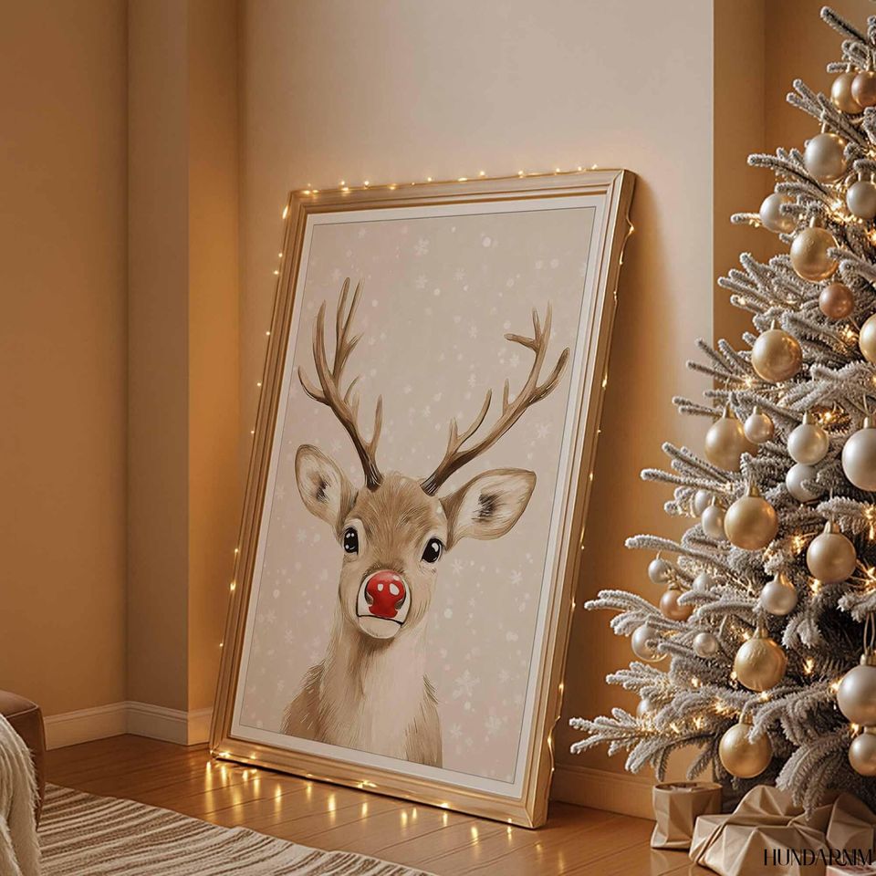 Cute Red-Nose Reindeer Vertical Poster - Minimal Christmas Wall Art