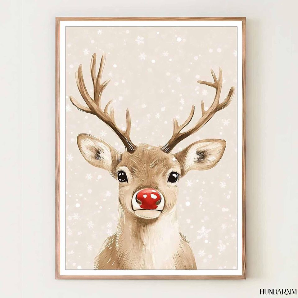 Cute Red-Nose Reindeer Vertical Poster - Minimal Christmas Wall Art