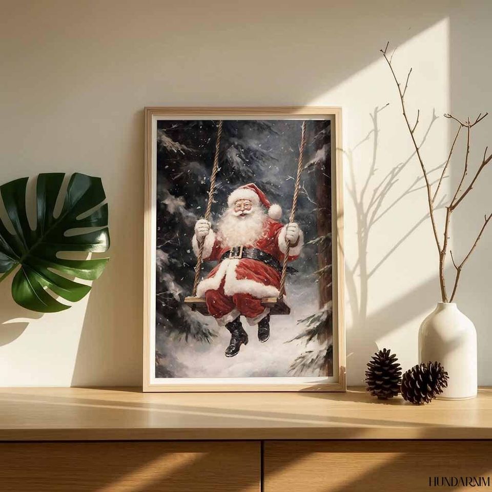 Santa on Swing Winter Forest Poster
