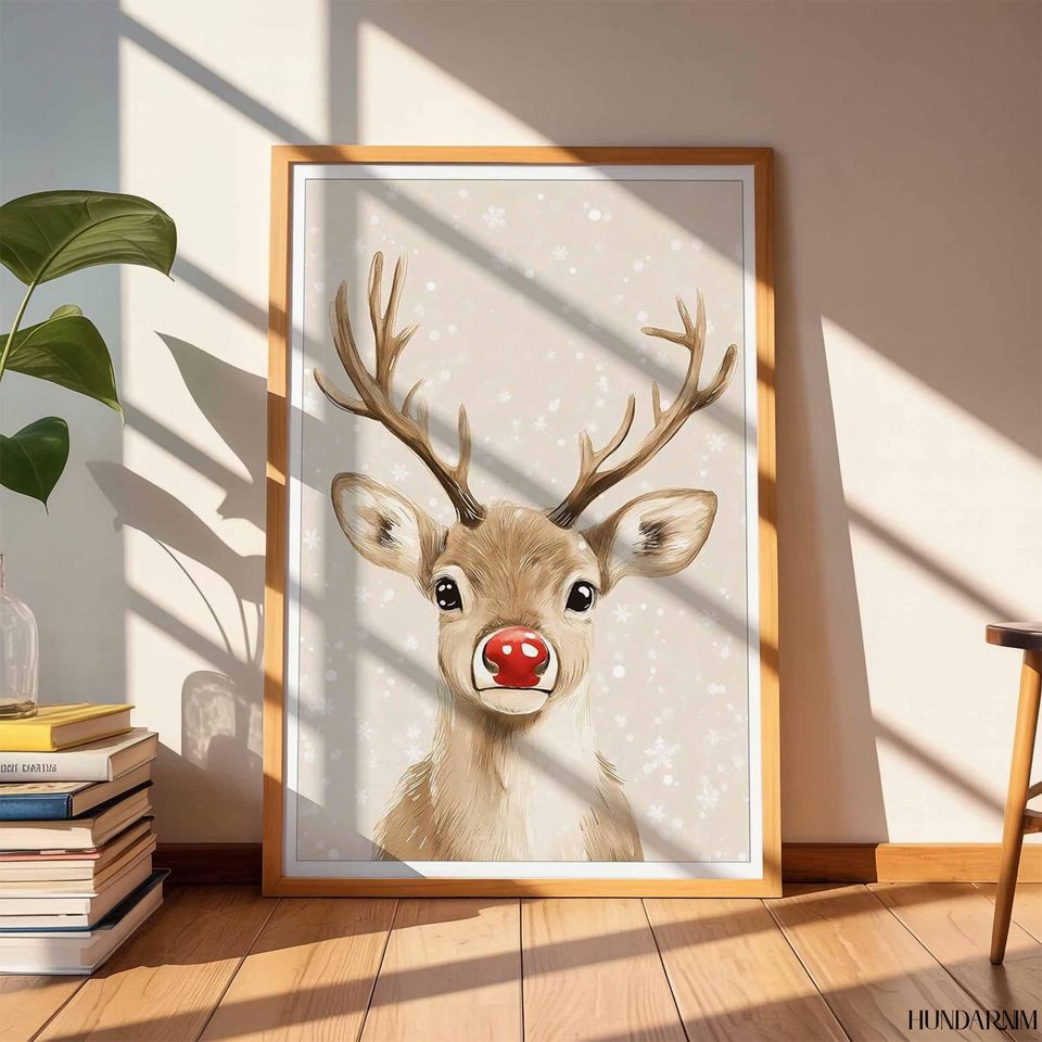 Cute Red-Nose Reindeer Vertical Poster - Minimal Christmas Wall Art