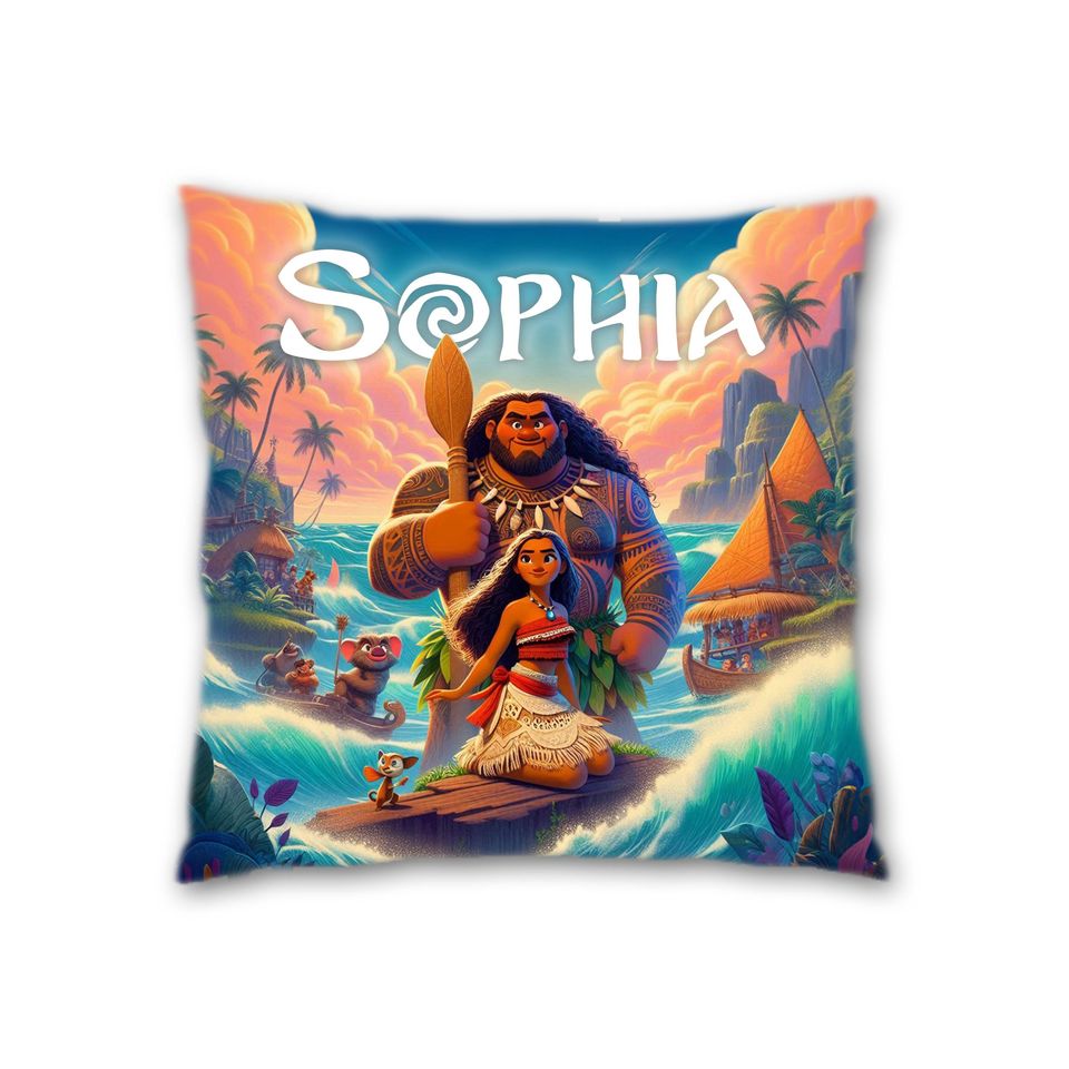 Moana pillow personalized with your name, Disney Throw Pillows, 100% polyester, includes padding, zipper for easy washing