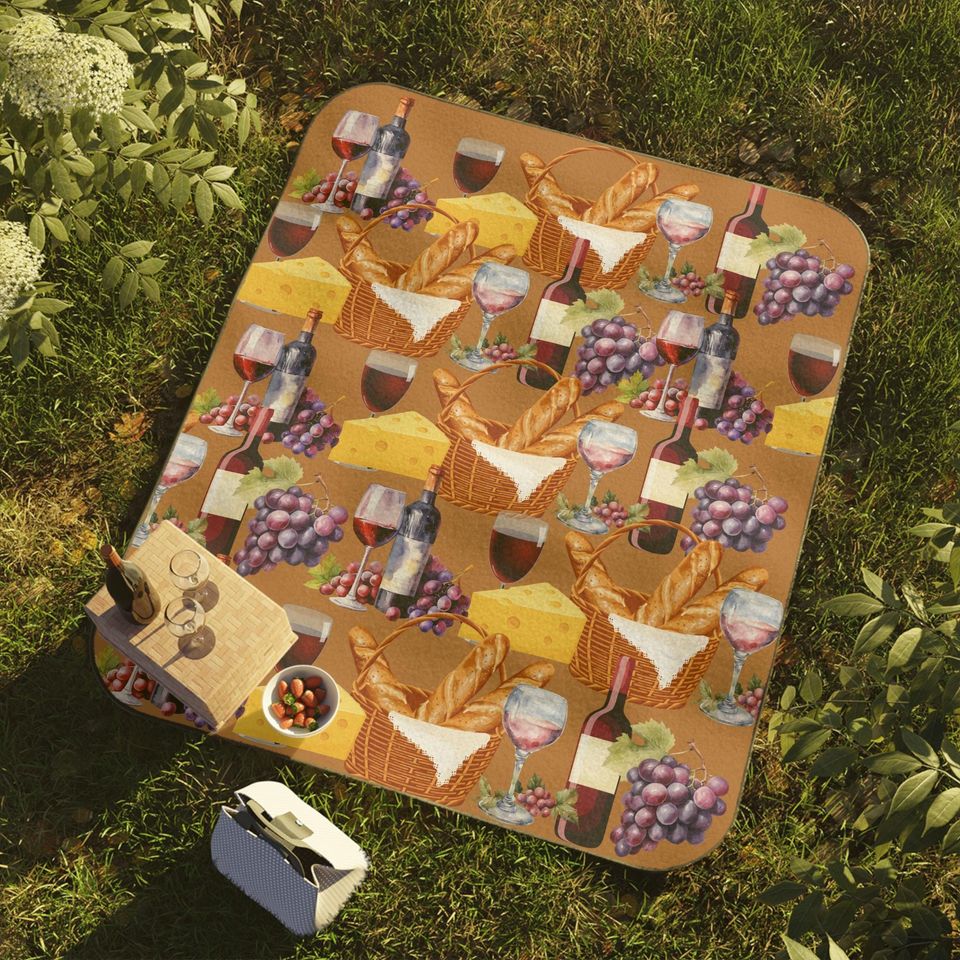 Wine & Cheese Picnic Mat , Outdoor Mat for Summer Gatherings, Ideal for Romantic Dates, Festivals, Camping Trips, Ideal Gift