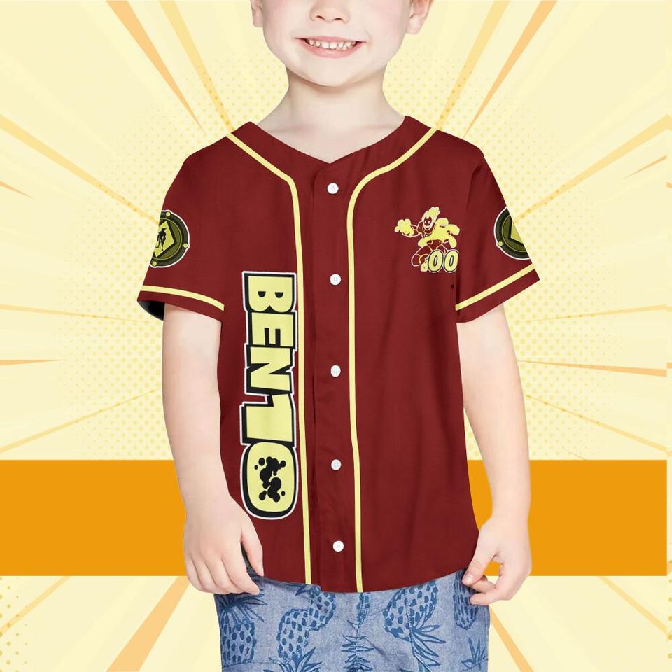 Personalize Ben 10 Pyronite Red Yellow Jersey, Cartoon Baseball Team Outfit