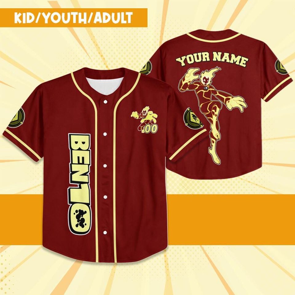 Personalize Ben 10 Pyronite Red Yellow Jersey, Cartoon Baseball Team Outfit
