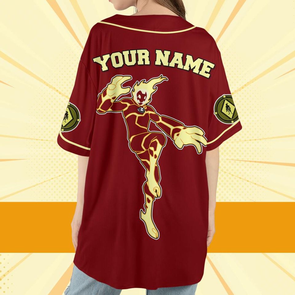Personalize Ben 10 Pyronite Red Yellow Jersey, Cartoon Baseball Team Outfit