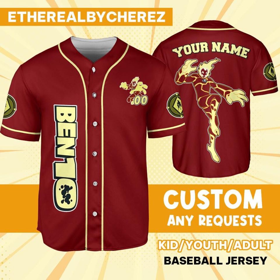 Personalize Ben 10 Pyronite Red Yellow Jersey, Cartoon Baseball Team Outfit