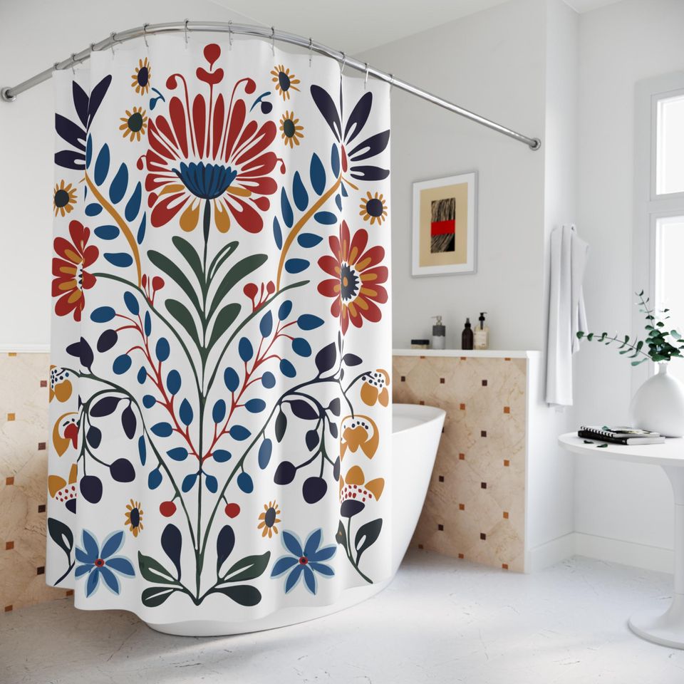 Vibrant Scandinavian Shower Curtain Nordic floral folk art shower curtain