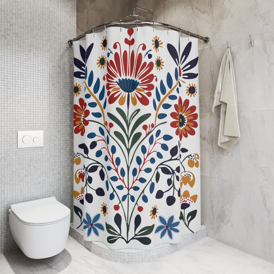 Vibrant Scandinavian Shower Curtain Nordic floral folk art shower curtain