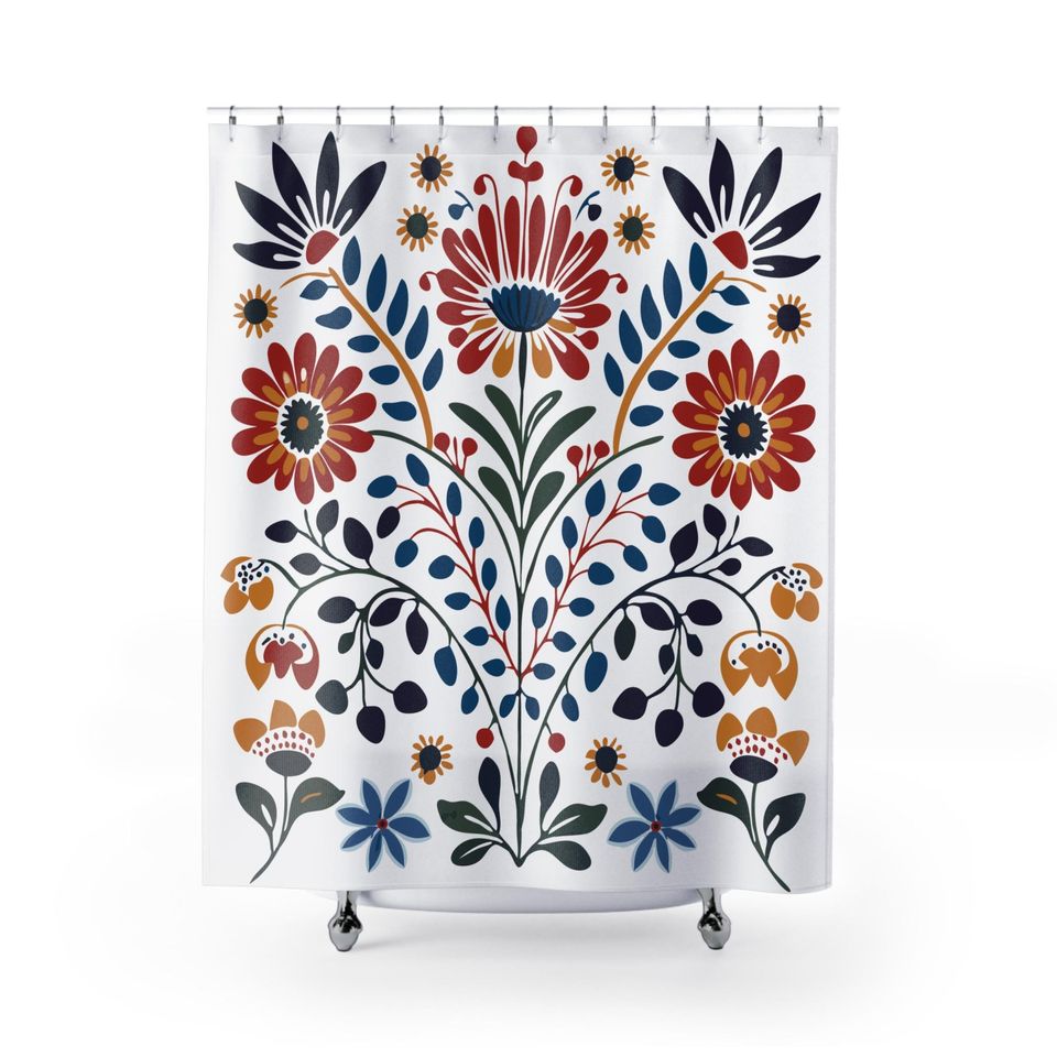 Vibrant Scandinavian Shower Curtain Nordic floral folk art shower curtain