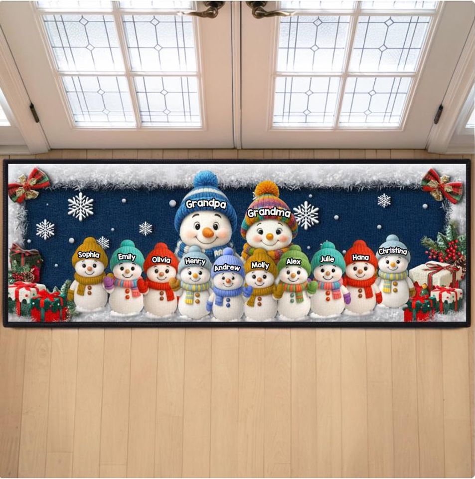 Christmas Snowman Runner Rug with Custom Grandkids’ Names for Mom and Dad