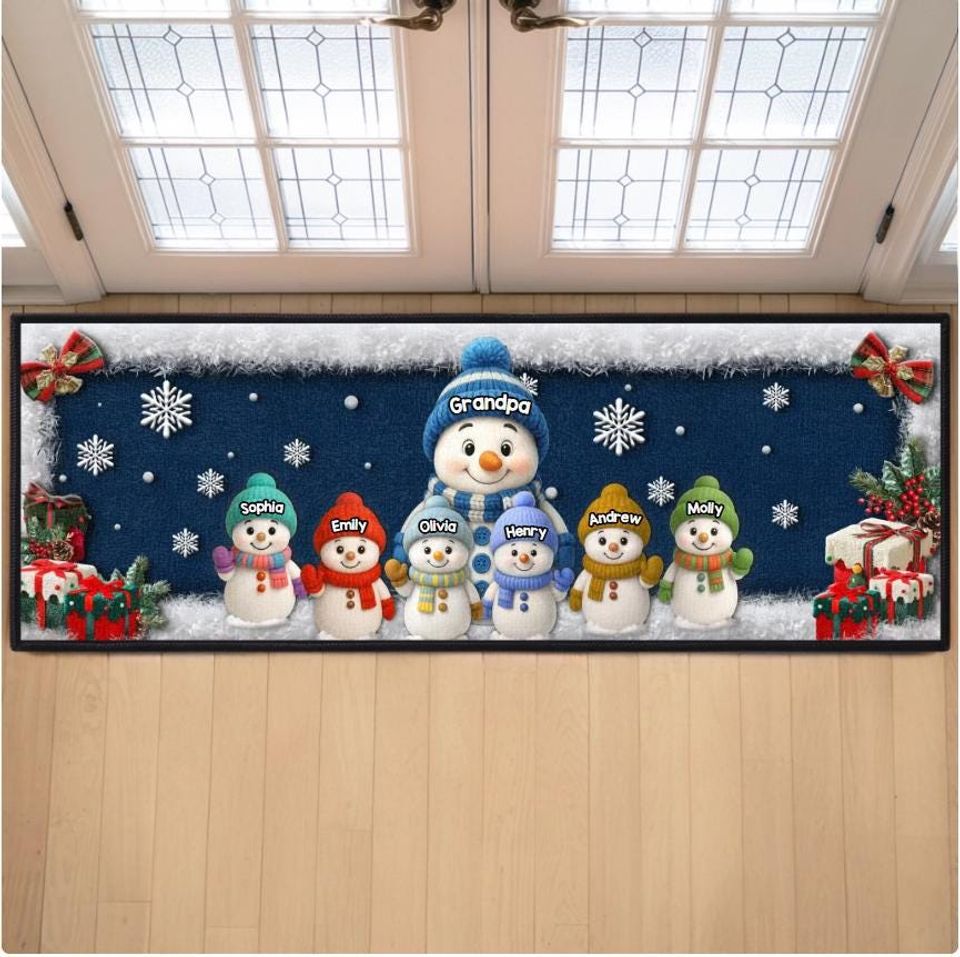 Christmas Snowman Runner Rug with Custom Grandkids’ Names for Mom and Dad